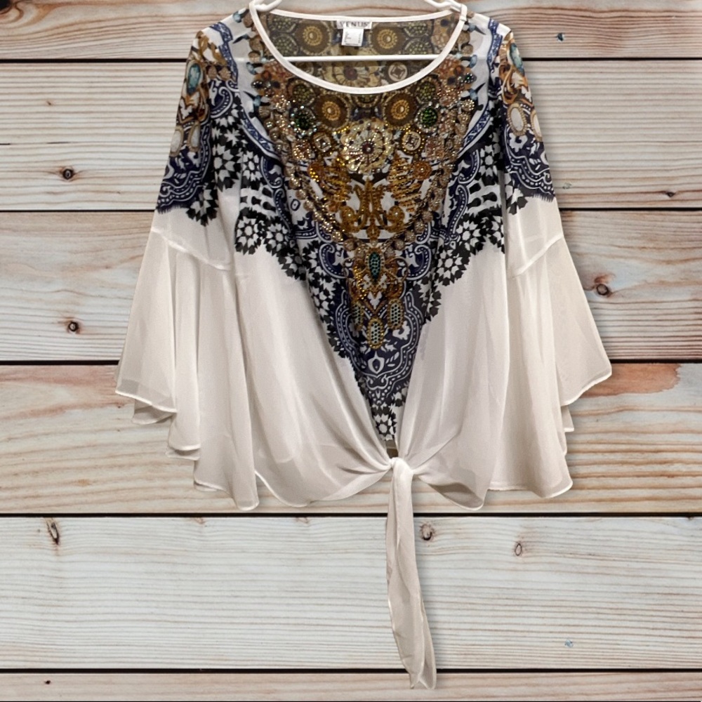 New VENUS Jewel Paisley Sheer Flutter Sleeve Tie Front Top Women's US Size 8
